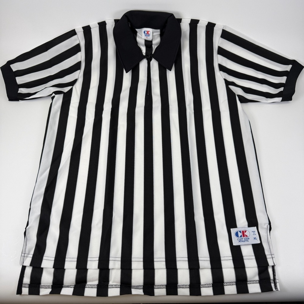 Vintage Cliff Keen Referee Polo Men XL Black White Stripe Zip Official NOS USA